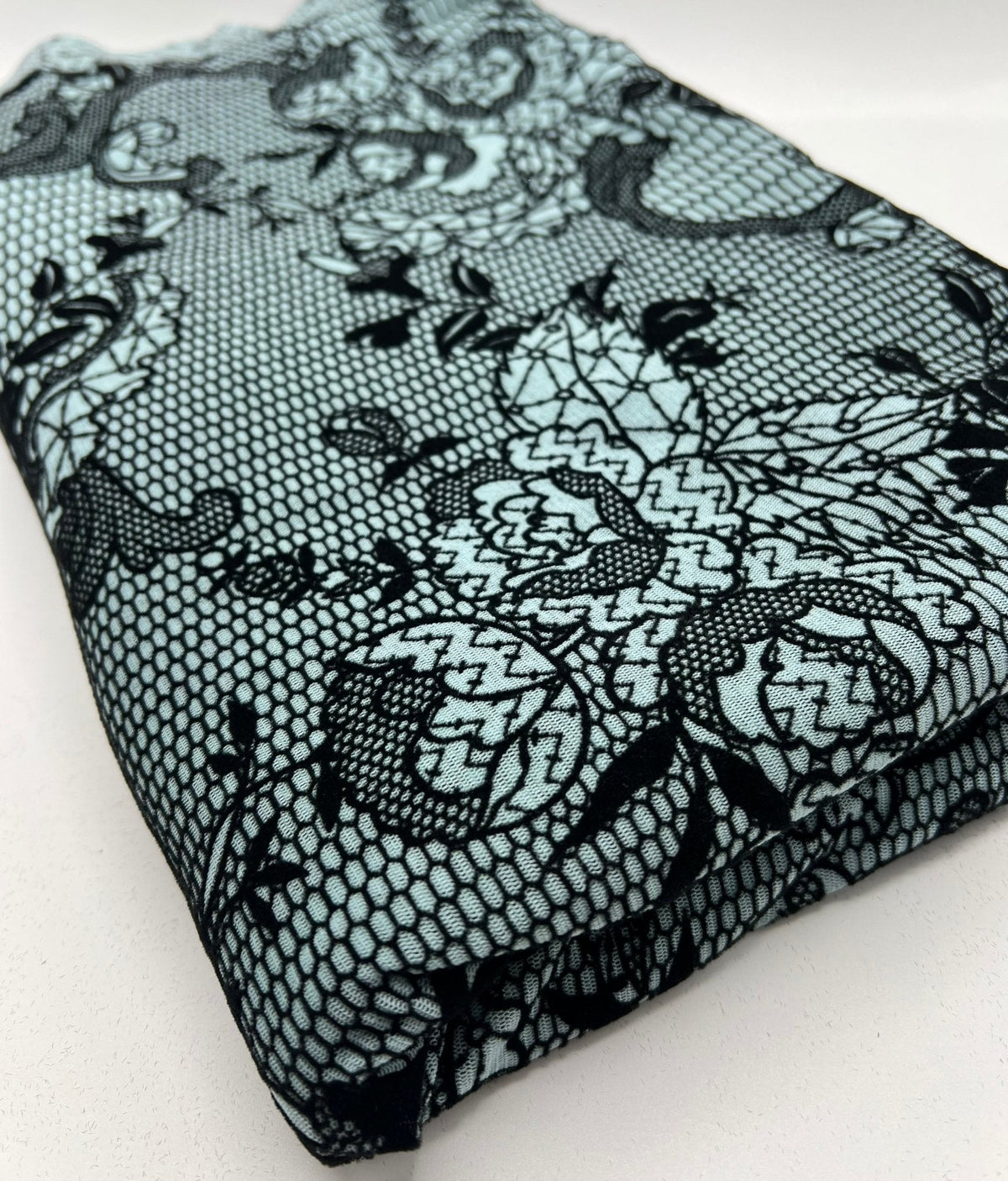 Light Blue Floral Embossed Flocked Mesh Fabric 2 Way Stretch