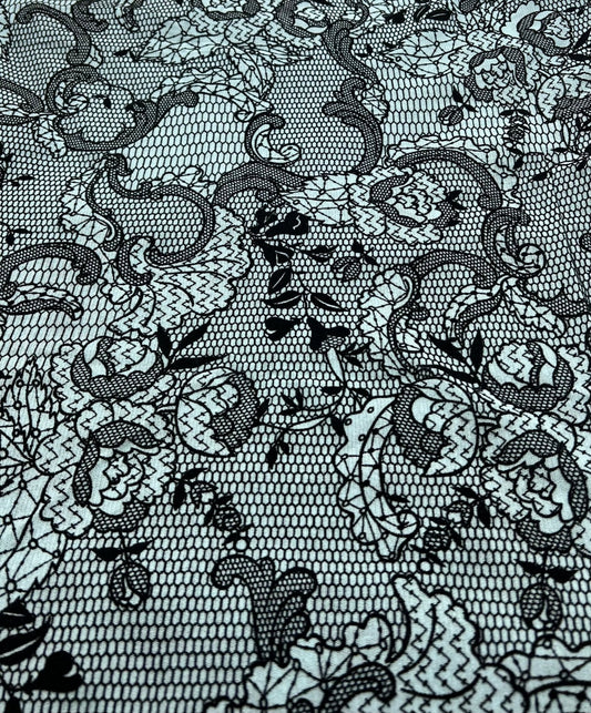 Light Blue Floral Embossed Flocked Mesh Fabric 2 Way Stretch