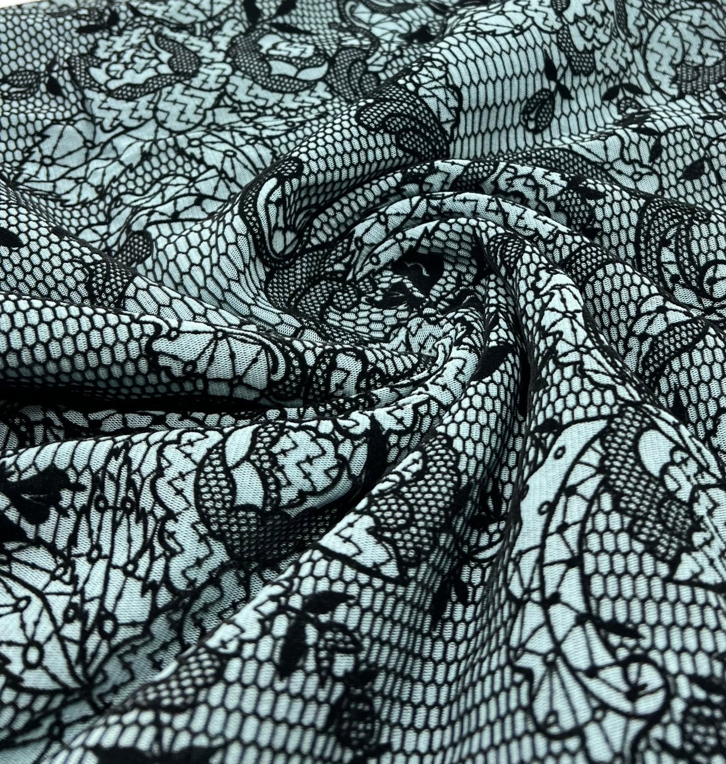Light Blue Floral Embossed Flocked Mesh Fabric 2 Way Stretch