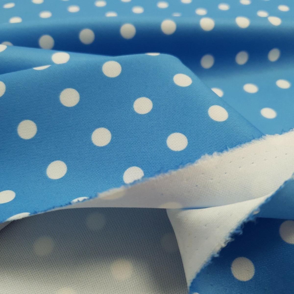 Light Blue White Polka Dot Printed Plain Scuba 4 Way Stretch Jersey Fabric