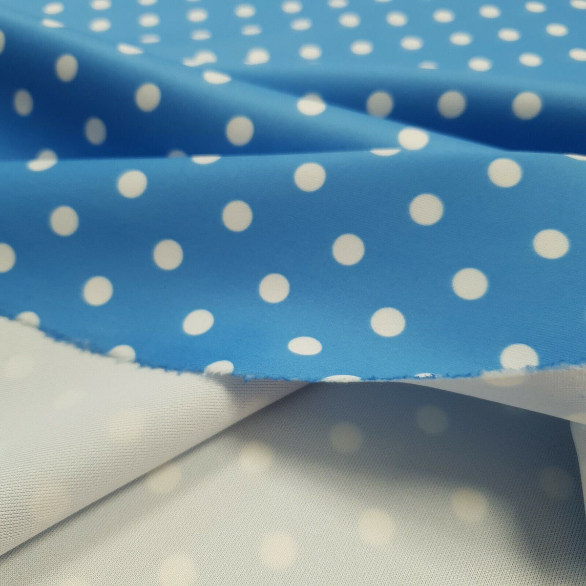 Light Blue White Polka Dot Printed Plain Scuba 4 Way Stretch Jersey Fabric