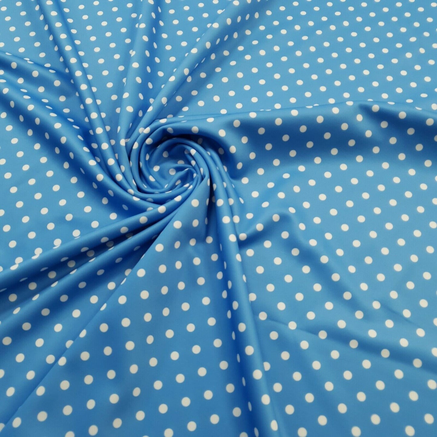Light Blue White Polka Dot Printed Plain Scuba 4 Way Stretch Jersey Fabric