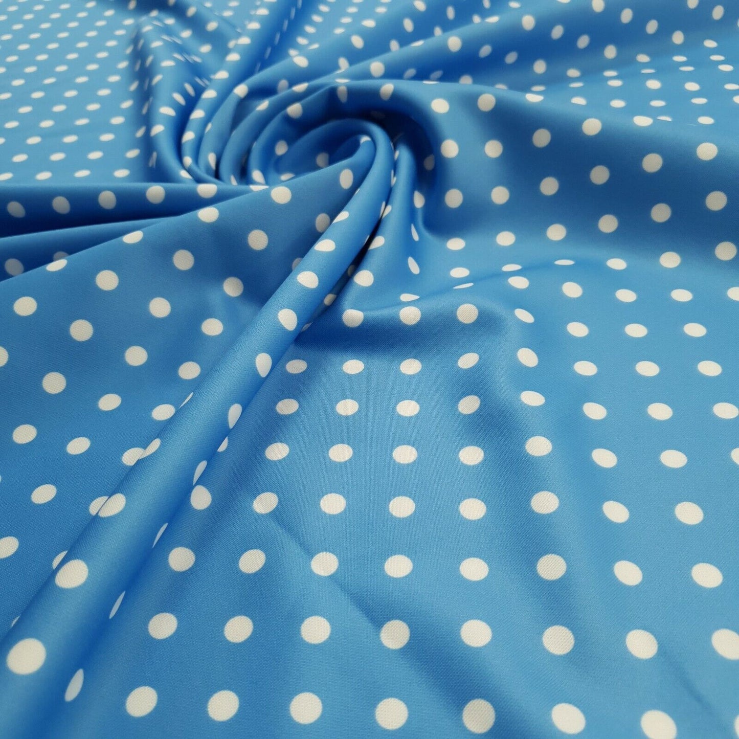 Light Blue White Polka Dot Printed Plain Scuba 4 Way Stretch Jersey Fabric