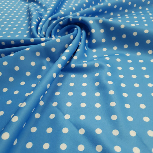 Light Blue White Polka Dot Printed Plain Scuba 4 Way Stretch Jersey Fabric