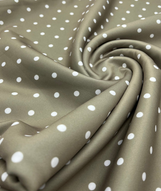 Light Olive White Polka Dot Printed Plain Scuba 4 Way Stretch Jersey Fabric