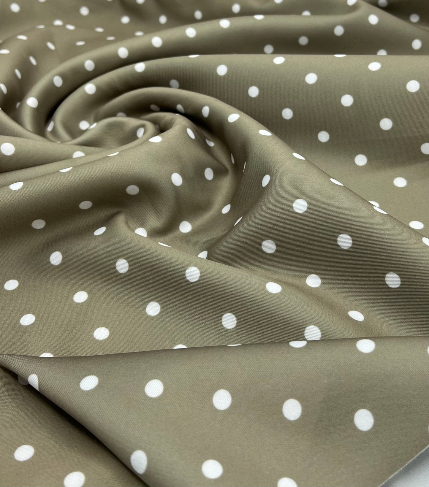 Light Olive White Polka Dot Printed Plain Scuba 4 Way Stretch Jersey Fabric