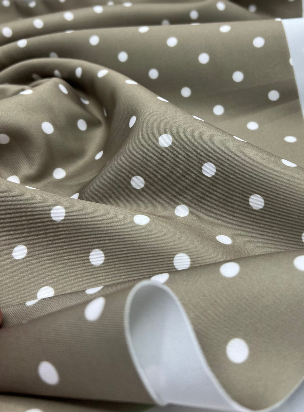 Light Olive White Polka Dot Printed Plain Scuba 4 Way Stretch Jersey Fabric