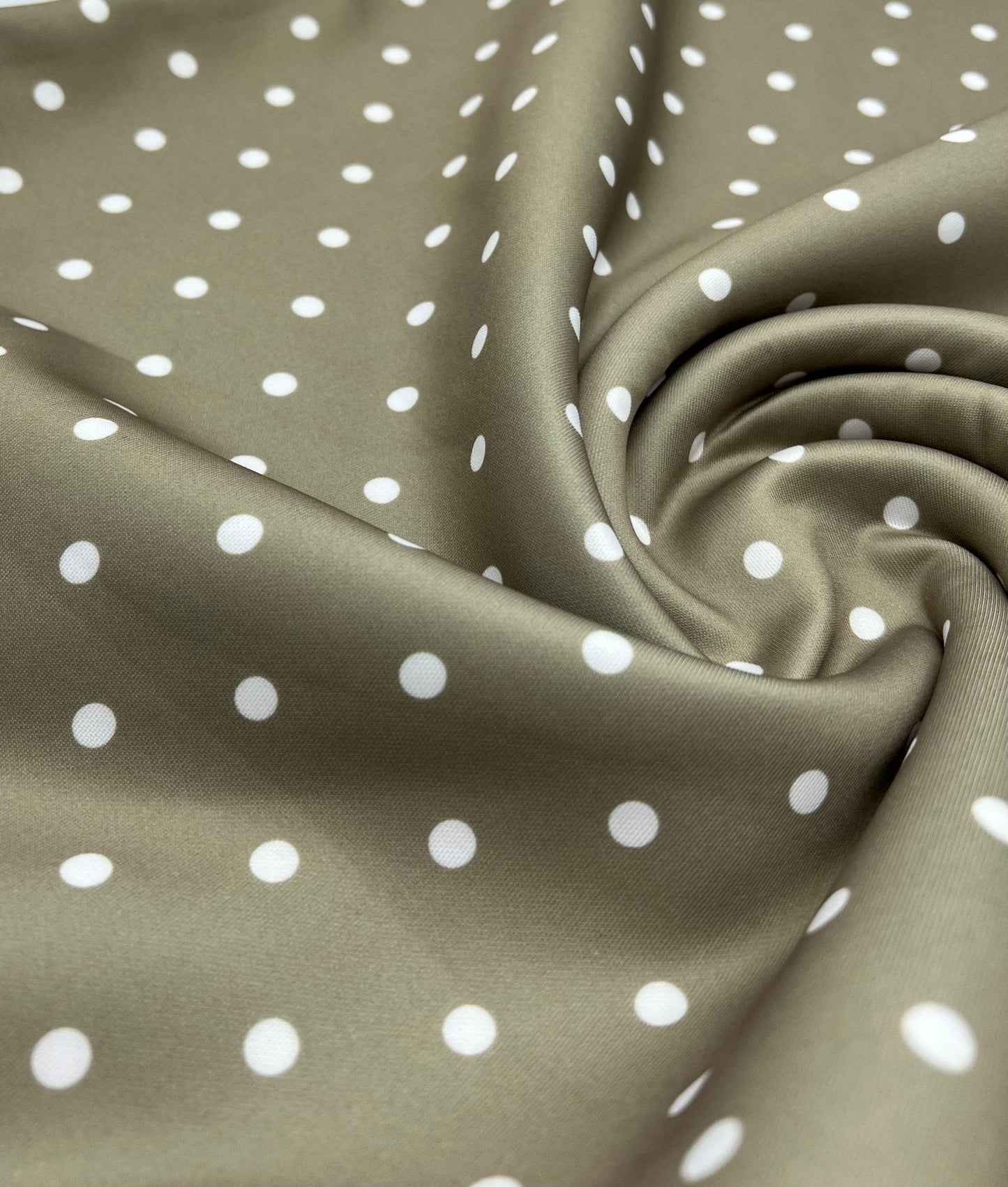 Light Olive White Polka Dot Printed Plain Scuba 4 Way Stretch Jersey Fabric