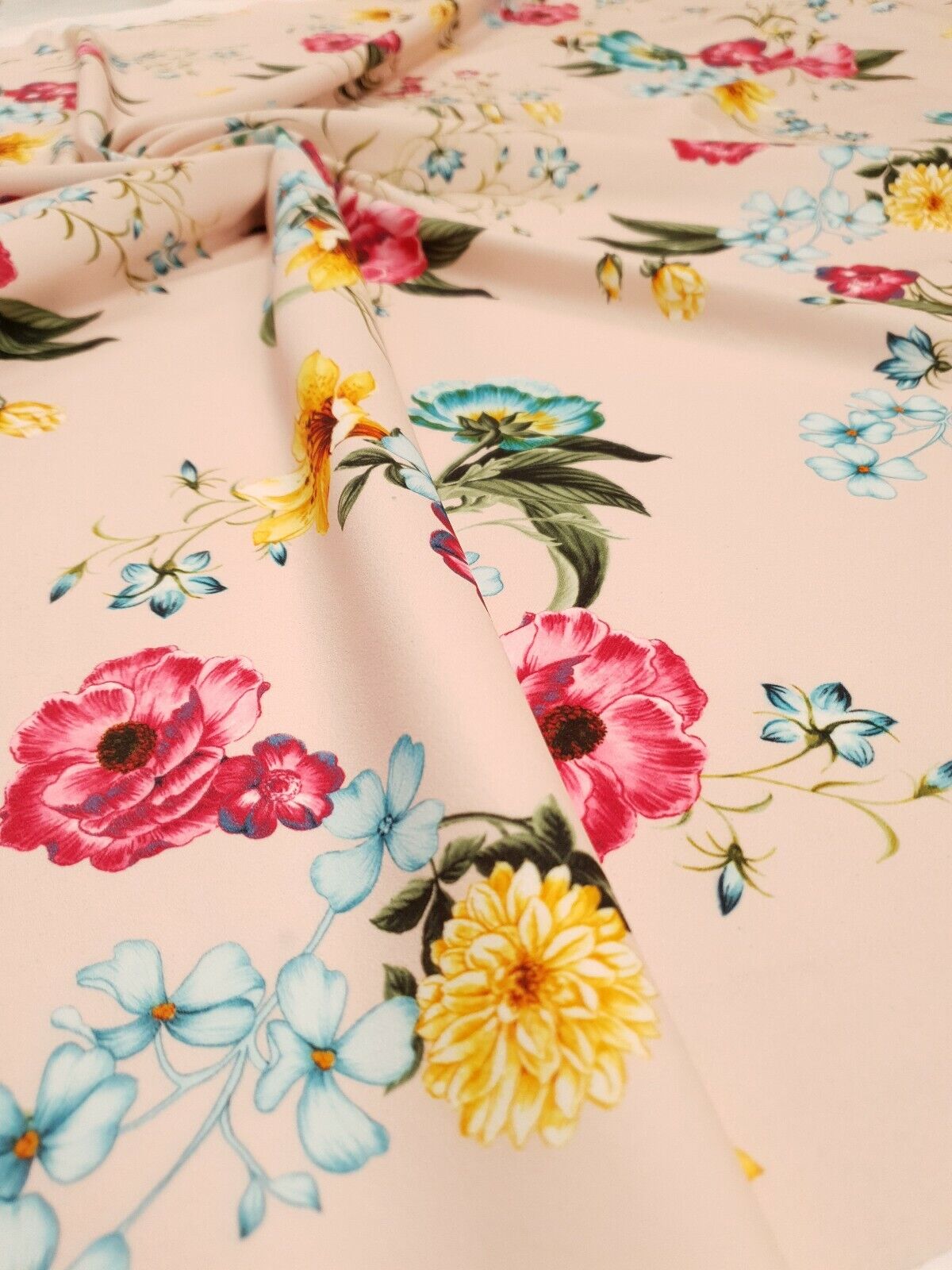 Light Pink Floral Printed Scuba Crepe Jersey Fabric 4 Way Stretch