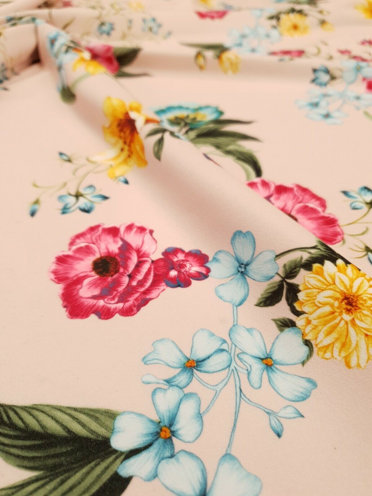 Light Pink Floral Printed Scuba Crepe Jersey Fabric 4 Way Stretch