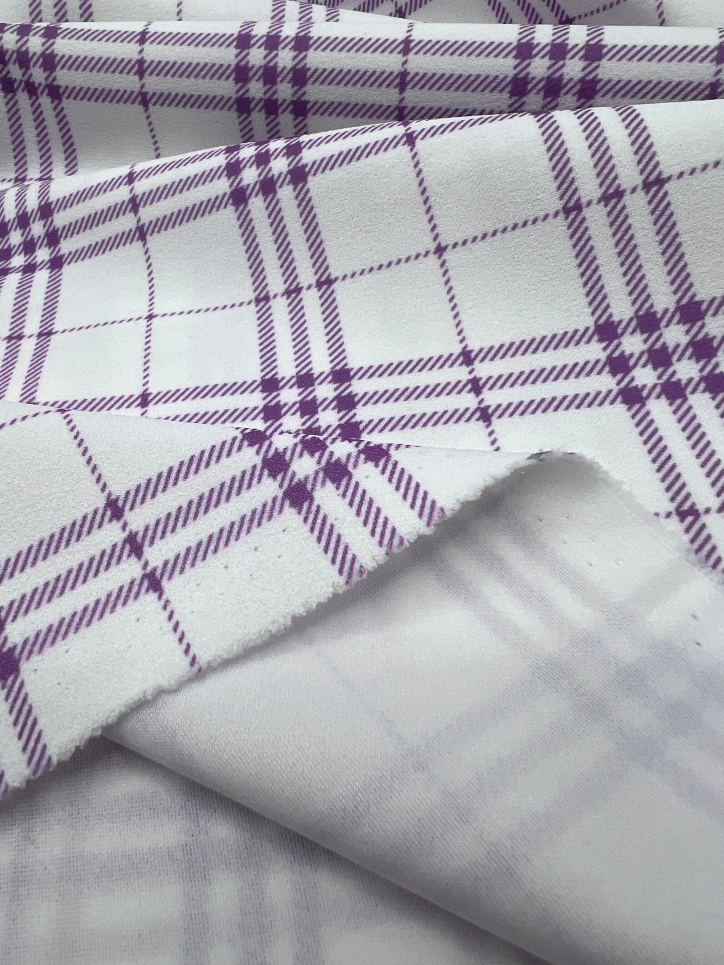 Lilac Check Printed Scuba Crepe Jersey Fabric 4 Way Stretch