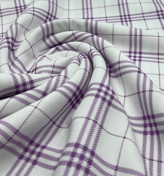 Lilac Check Printed Scuba Crepe Jersey Fabric 4 Way Stretch