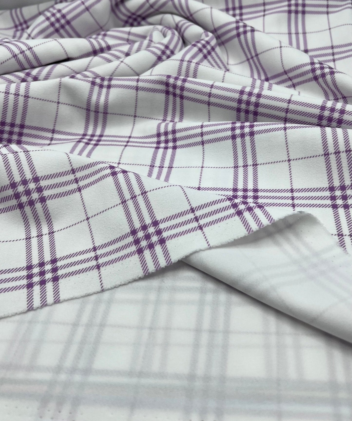 Lilac Check Printed Scuba Crepe Jersey Fabric 4 Way Stretch