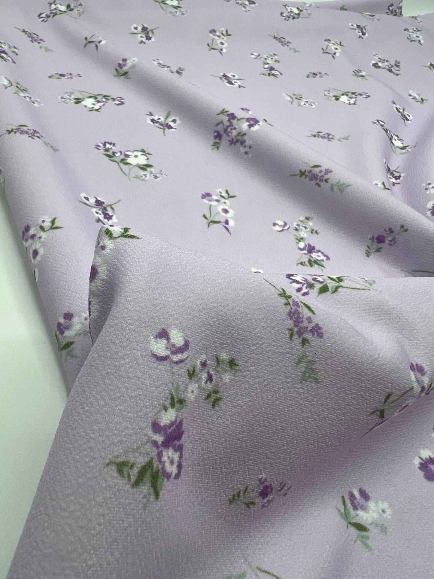 Lilac Ditsy Floral Print Lightweight Jersey Crepe Fabric 4 Way Stretch