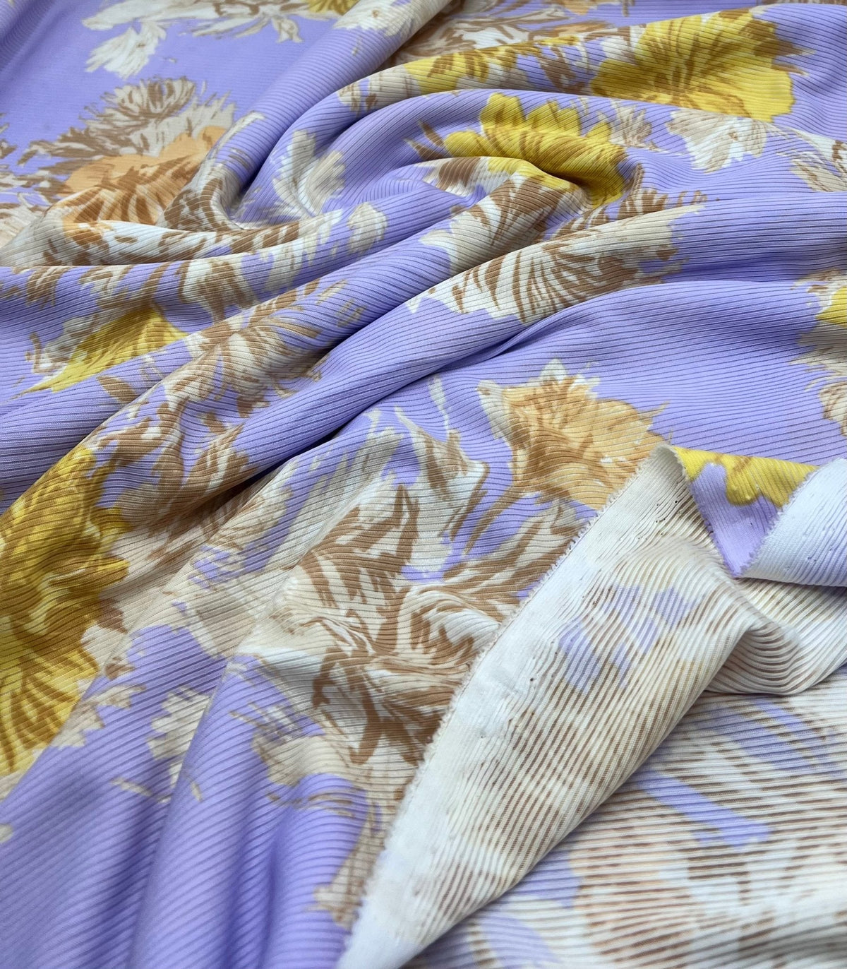 Lilac Floral Print 2X1 Fine Rib Stretch Fabric