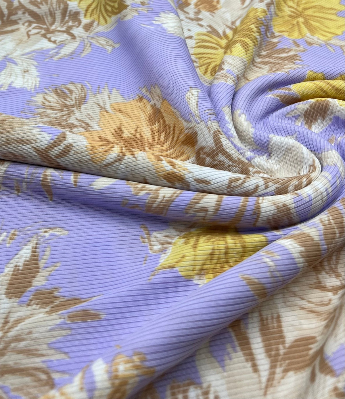 Lilac Floral Print 2X1 Fine Rib Stretch Fabric