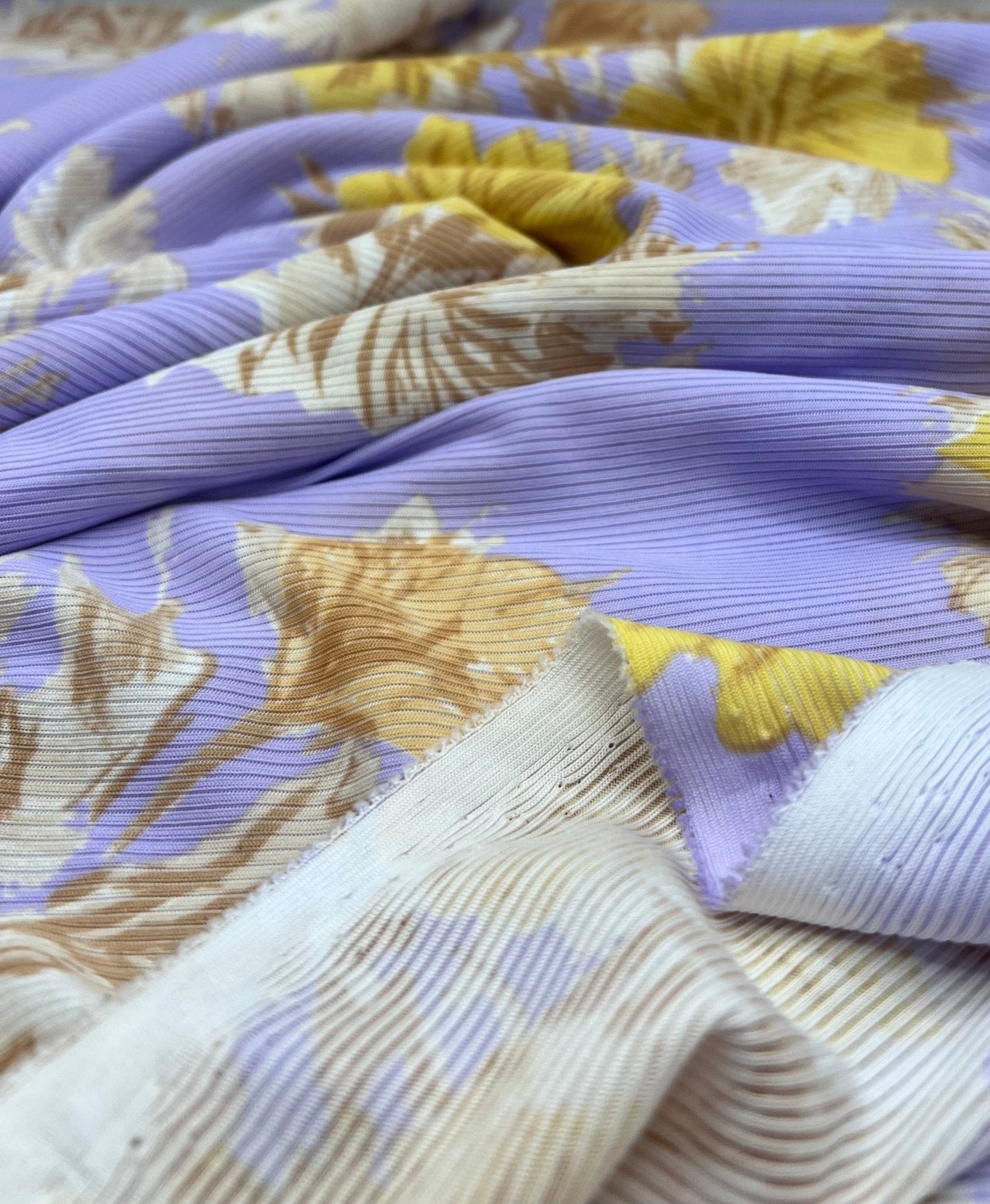 Lilac Floral Print 2X1 Fine Rib Stretch Fabric