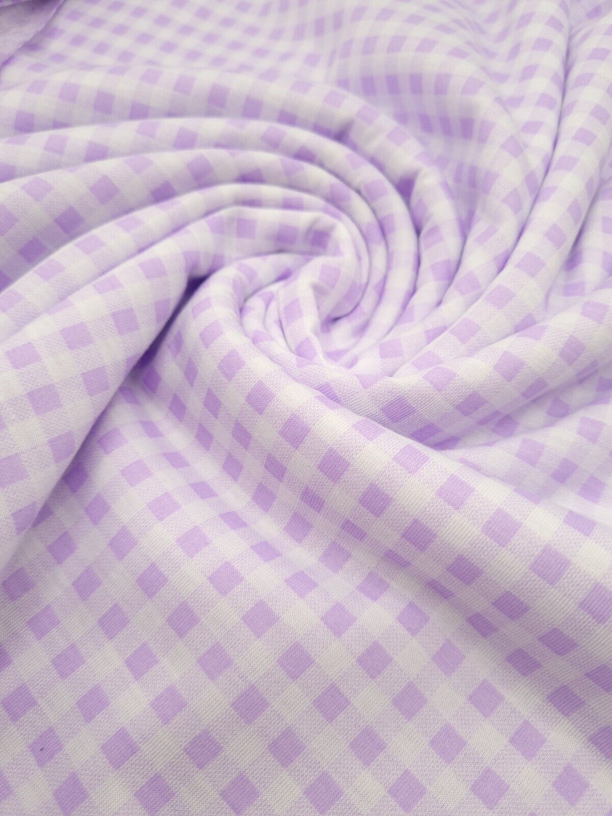 Lilac Gingham Print Spun Poly Stretch Fabric