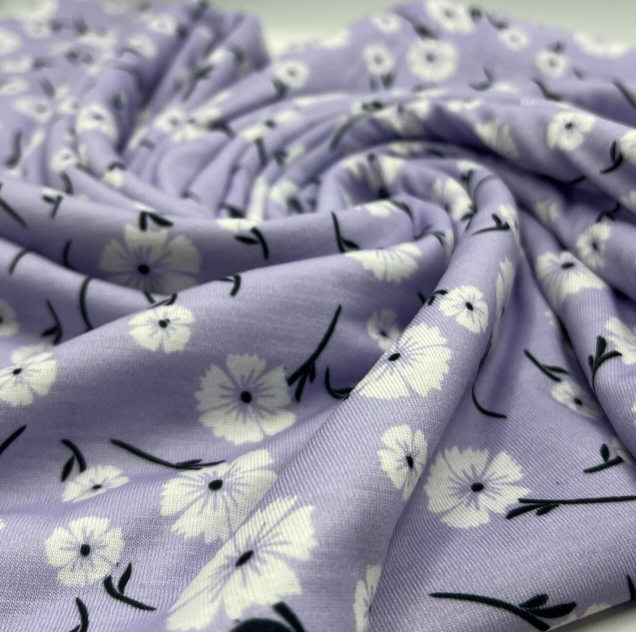 Lilac White Floral Print Spun Poly Stretch Fabric