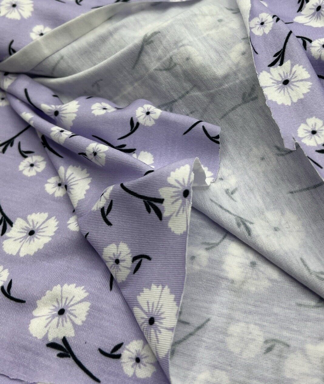 Lilac White Floral Print Spun Poly Stretch Fabric