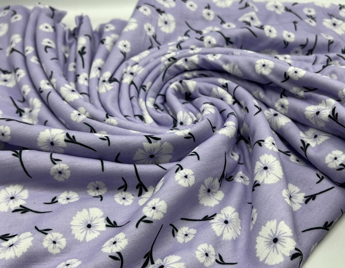 Lilac White Floral Print Spun Poly Stretch Fabric