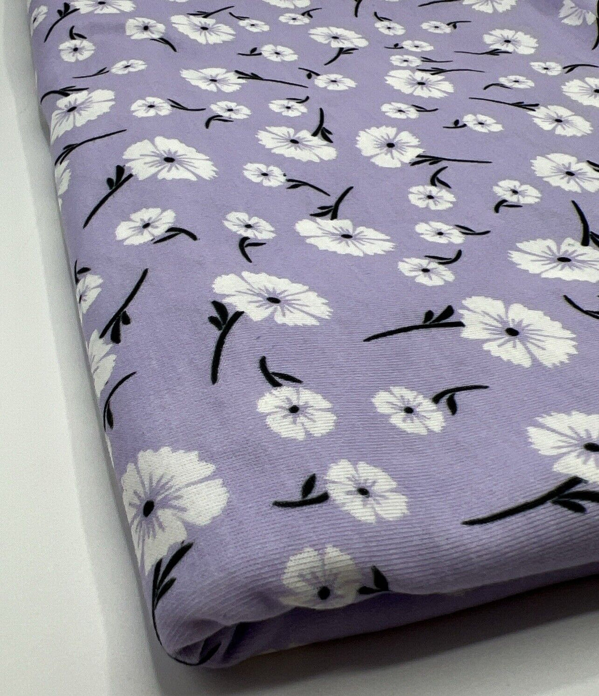 Lilac White Floral Print Spun Poly Stretch Fabric