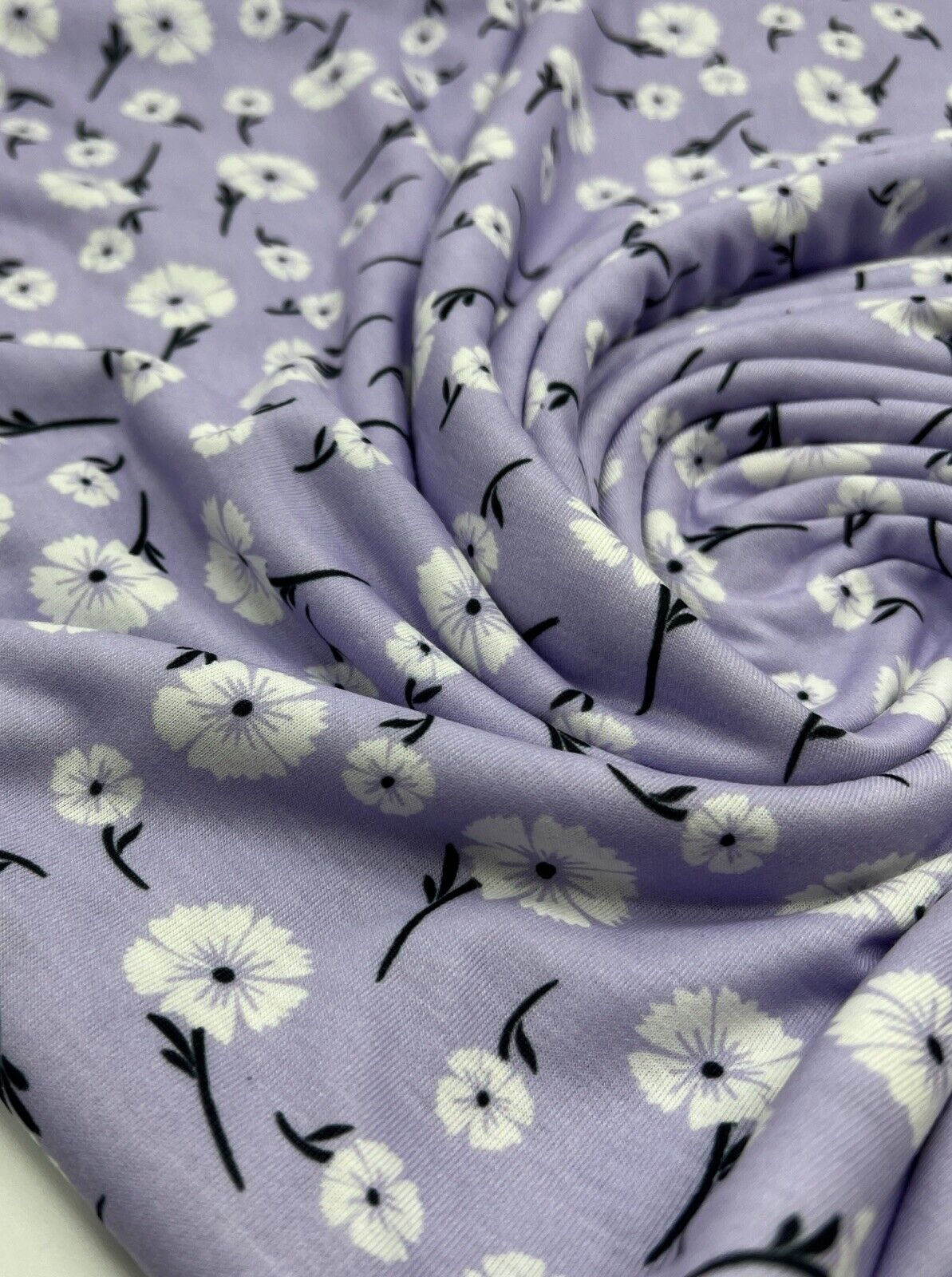 Lilac White Floral Print Spun Poly Stretch Fabric