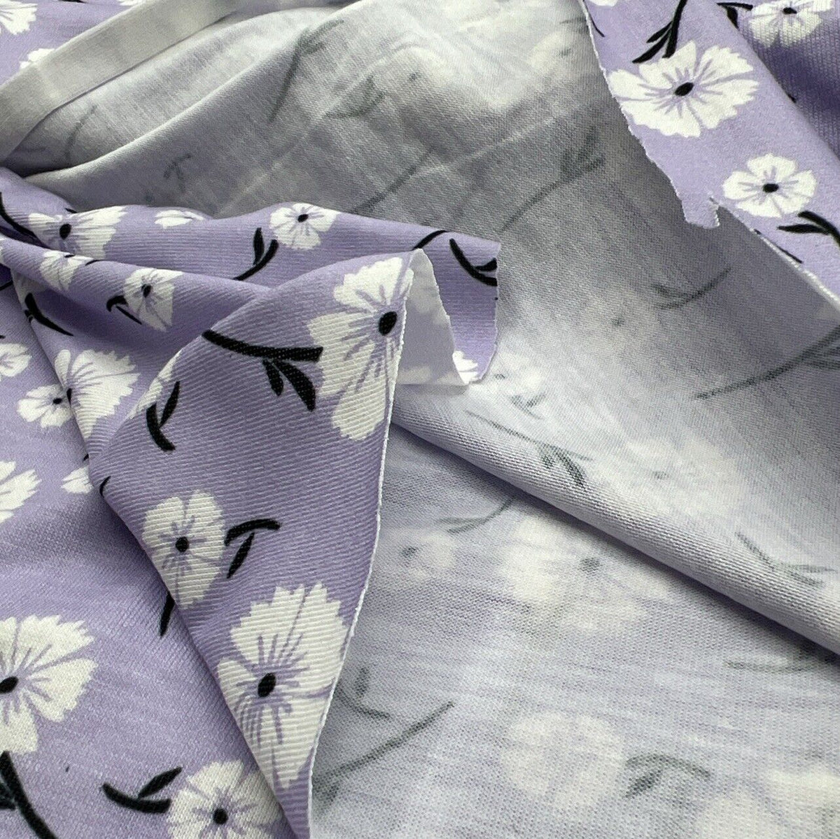 Lilac White Floral Print Spun Poly Stretch Fabric
