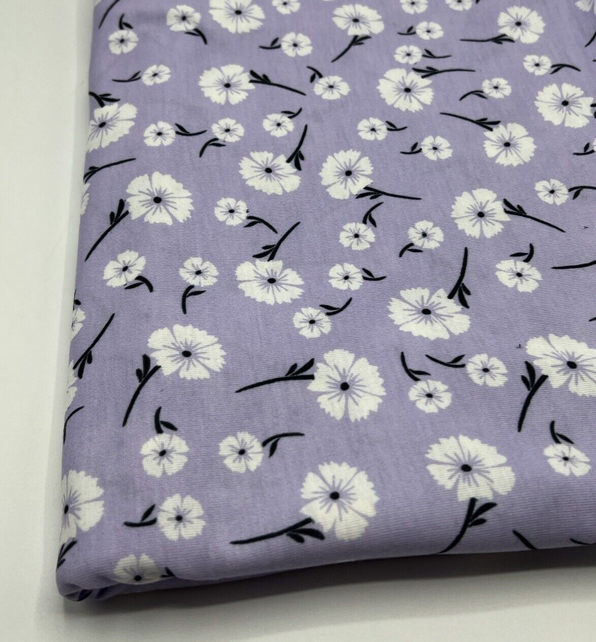 Lilac White Floral Print Spun Poly Stretch Fabric