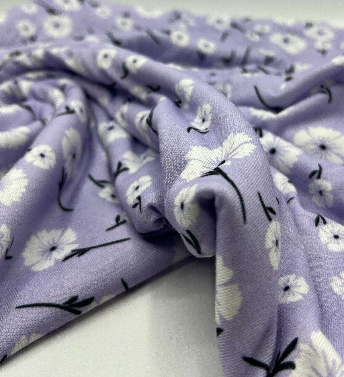 Lilac White Floral Print Spun Poly Stretch Fabric