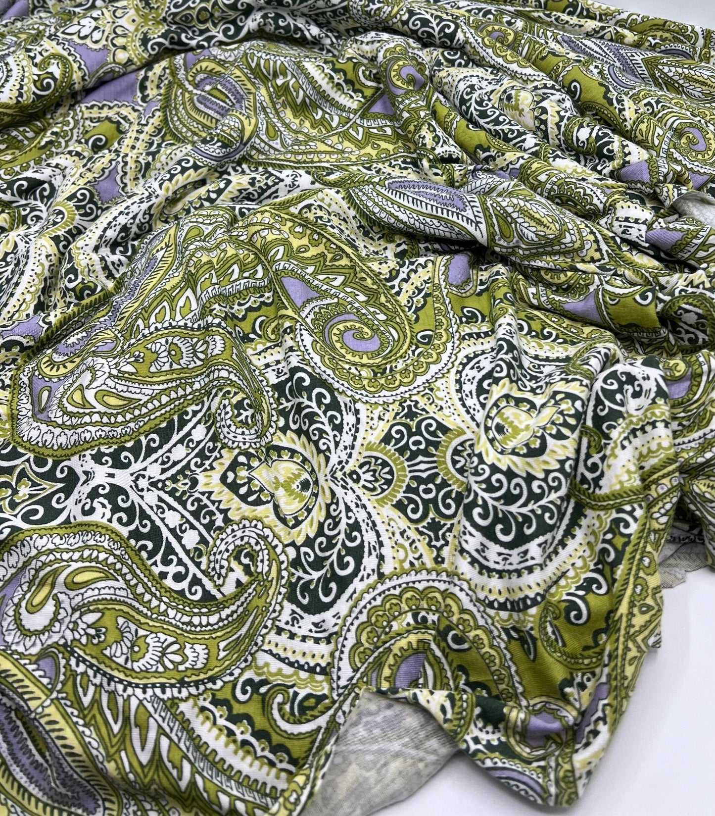 Lime Paisley Mix Print Viscose Elastane Fabric
