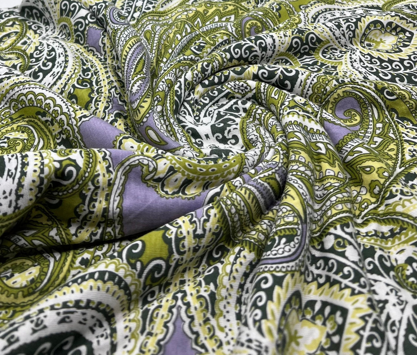 Lime Paisley Mix Print Viscose Elastane Fabric