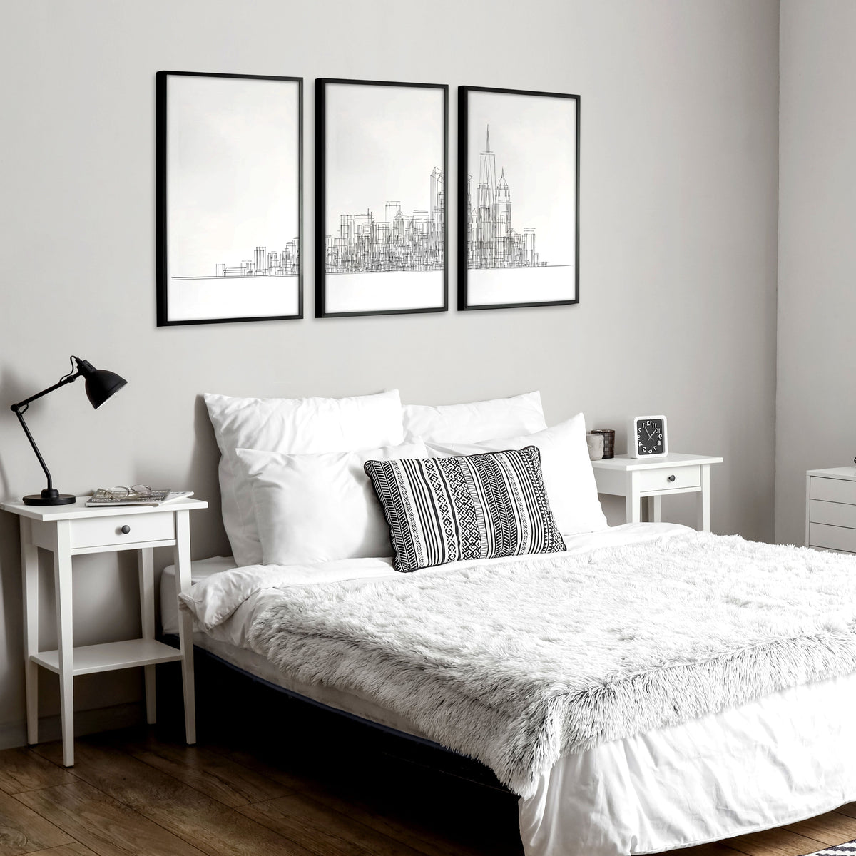 Line Art City Skyline Skyscraper Wall Art Prints | Set of 3