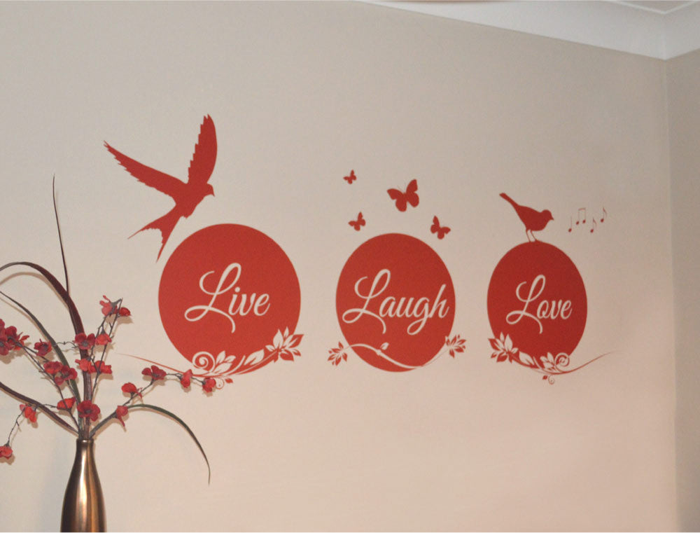 Live Laugh Love Wall Sticker with Birds and Floral Design
