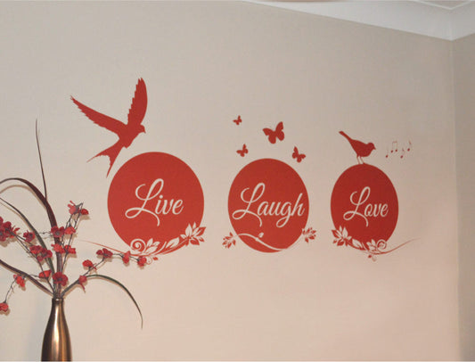 Live Laugh Love Wall Sticker with Birds and Floral Design