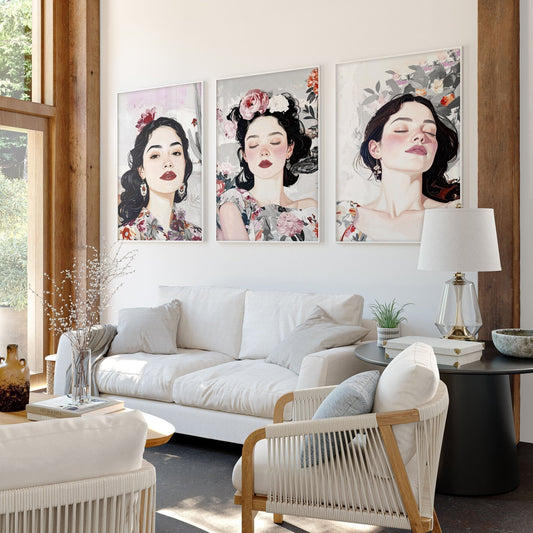 Living Room Art Paintings | Set of 3 Boho Women Wall art Prints
