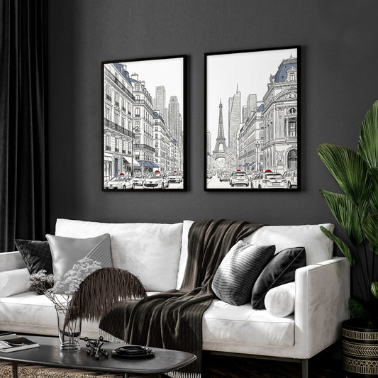 Living Room Art Pictures Paris Street Scene & Eiffel Tower Sketch | Set of 2