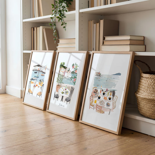Living Room Artwork Mediterranean Coastal Dining Watercolour "La Dolce Vita" | Set of 3