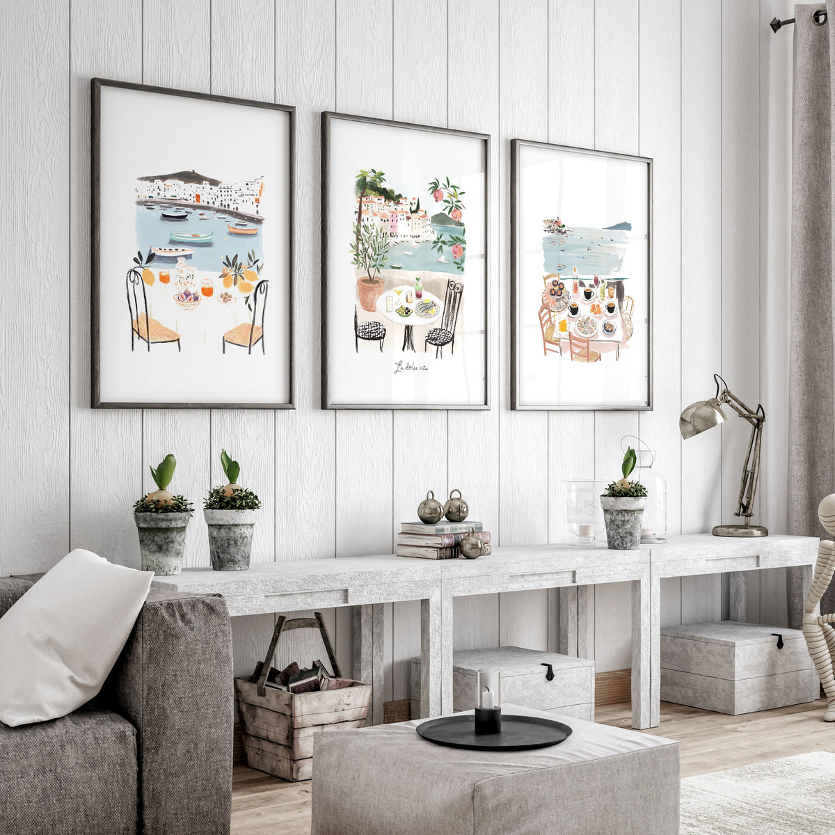 Living Room Artwork Mediterranean Coastal Dining Watercolour "La Dolce Vita" | Set of 3
