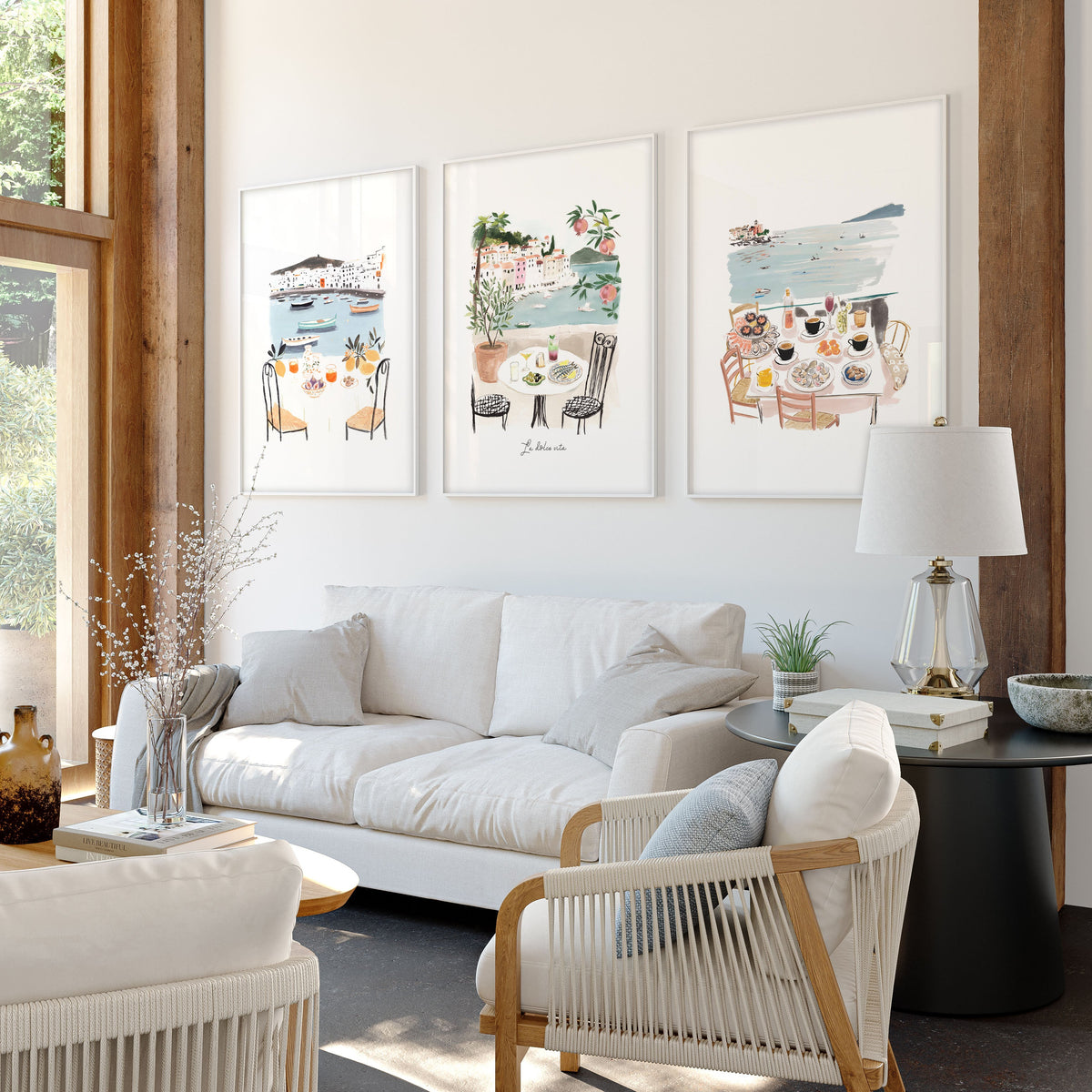 Living Room Artwork Mediterranean Coastal Dining Watercolour "La Dolce Vita" | Set of 3