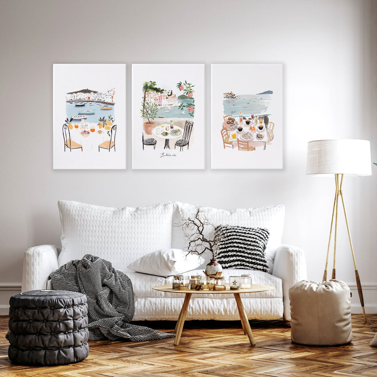 Living Room Artwork Mediterranean Coastal Dining Watercolour "La Dolce Vita" | Set of 3