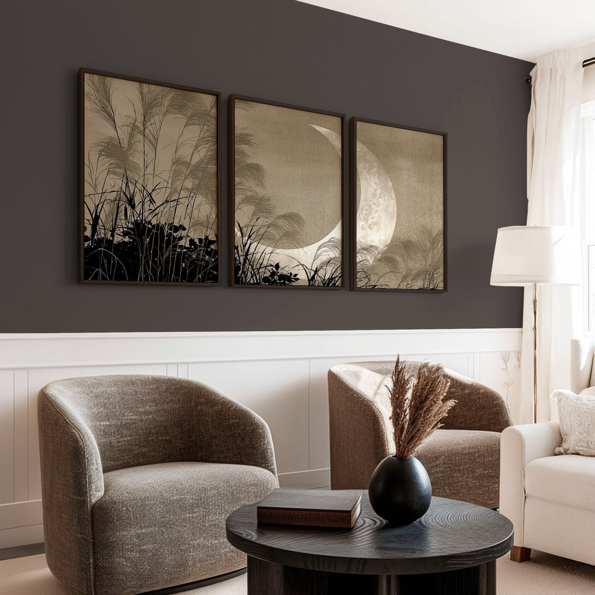 Japandi Crescent Moon & Pampas Grass Living Room Canvas Art | Set of 3