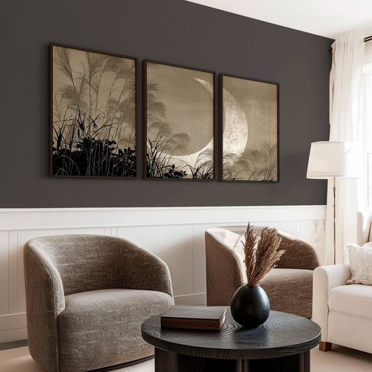 Japandi Crescent Moon & Pampas Grass Living Room Canvas Art | Set of 3