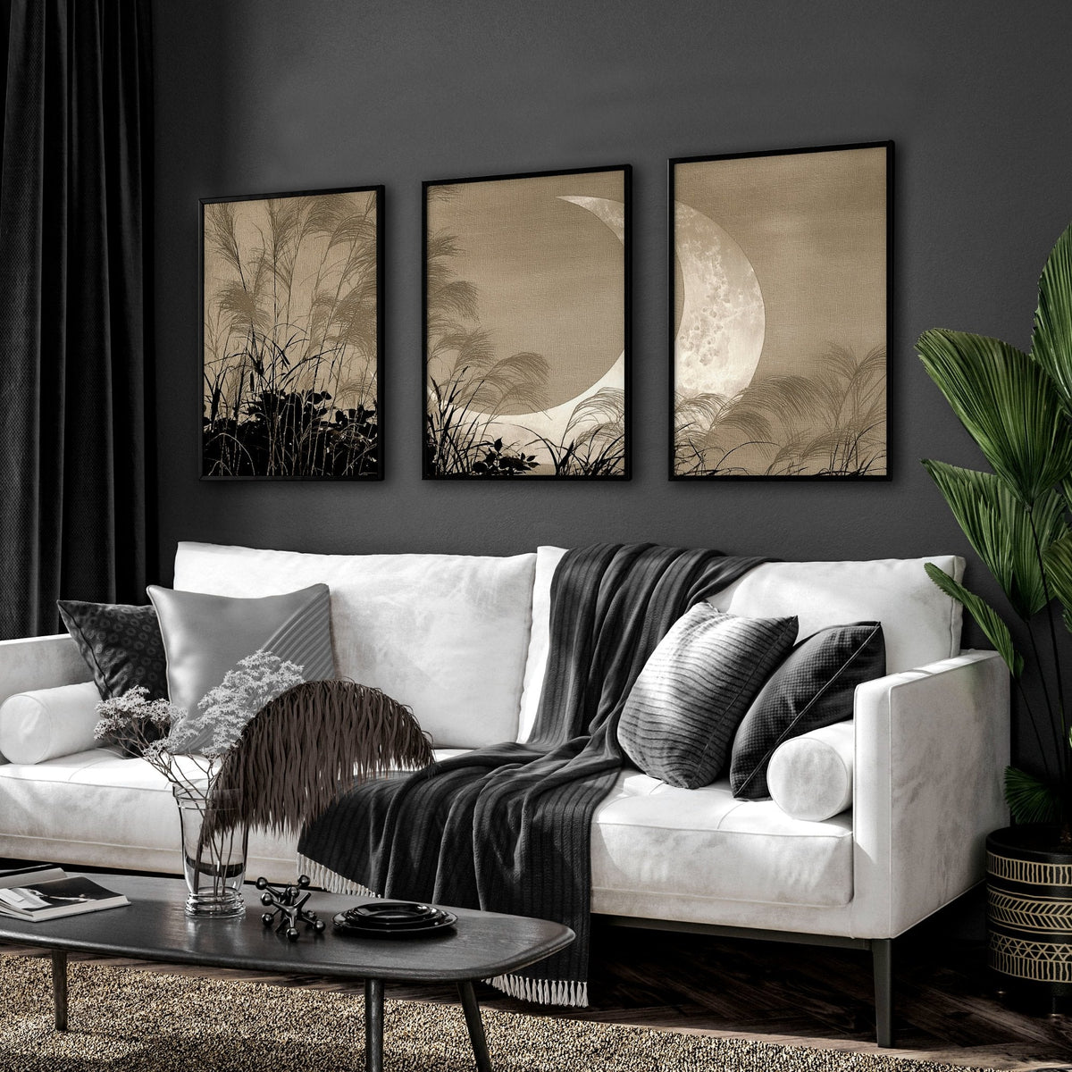 Japandi Crescent Moon & Pampas Grass Living Room Canvas Art | Set of 3