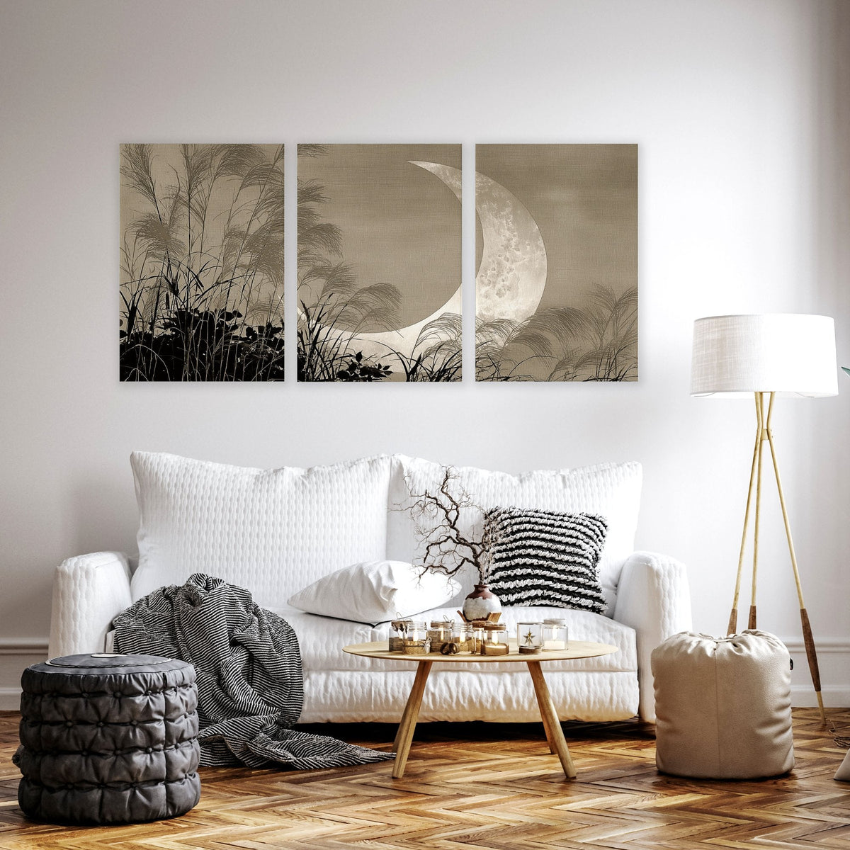 Japandi Crescent Moon & Pampas Grass Living Room Canvas Art | Set of 3