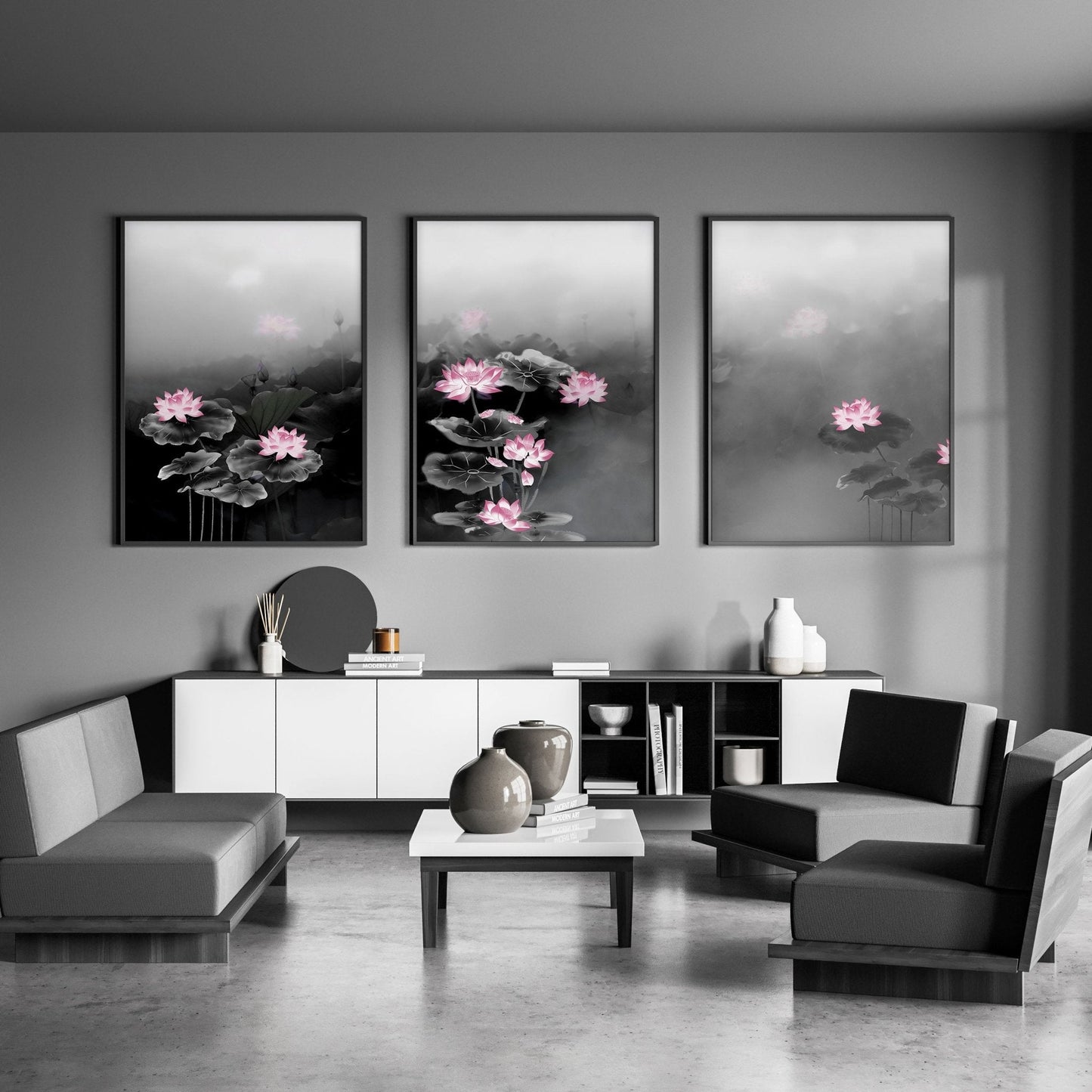 Living Room Canvas Art | Set of 3 Asian Inspired Wall art Prints