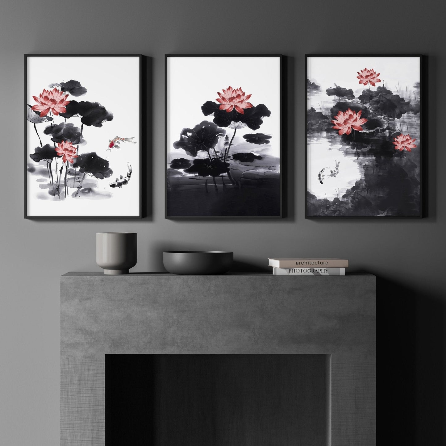 Living Room Canvas | Set of 3 Asian Inspired Wall art Prints