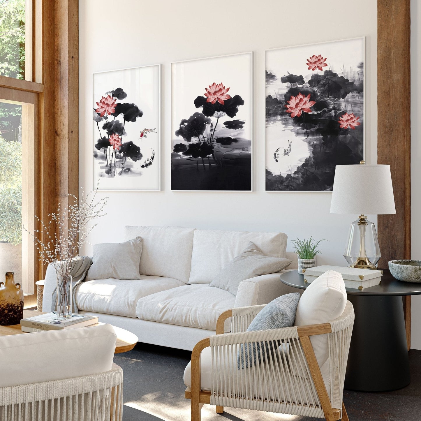 Living Room Canvas | Set of 3 Asian Inspired Wall art Prints