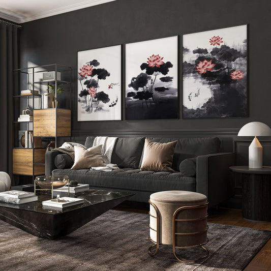 Living Room Canvas | Set of 3 Asian Inspired Wall art Prints
