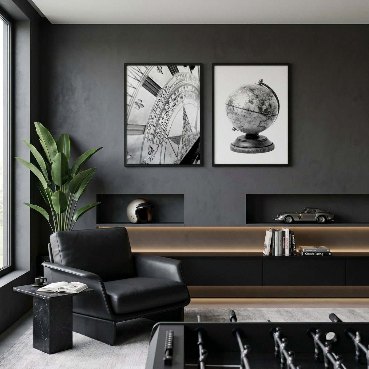 Living Room Framed Wall Art Vintage Sundial & Antique Globe Black & White Prints | Set of 2